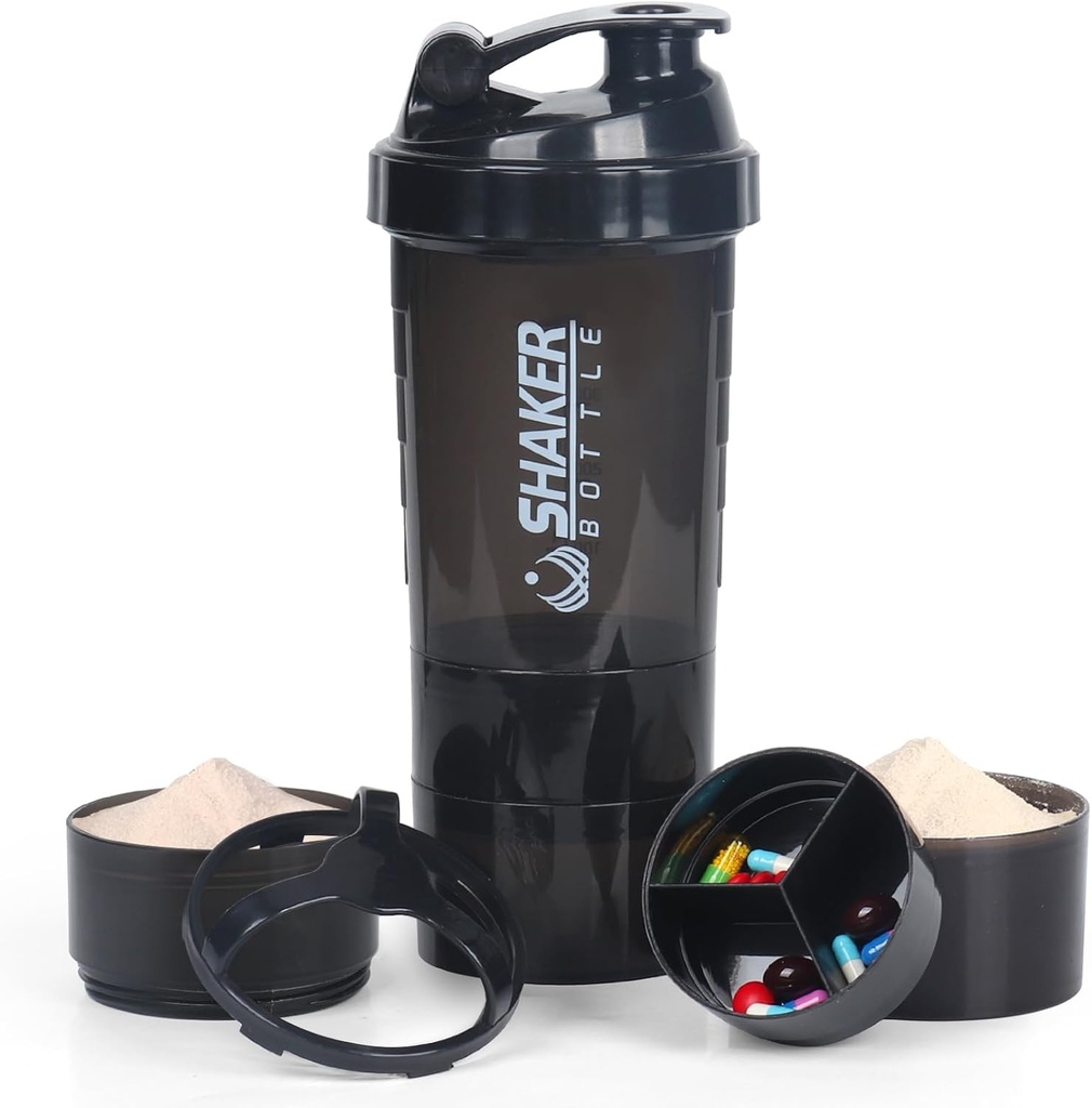Butelki z shakerem VECH do mieszania protein Workout Shaker Leaker Butelka wody Non Slip 3 Warstwa Twist off 3 OZ z Tray do przechowywania białka w proszku Butelka 16 OZ Shake Cup (czarny)