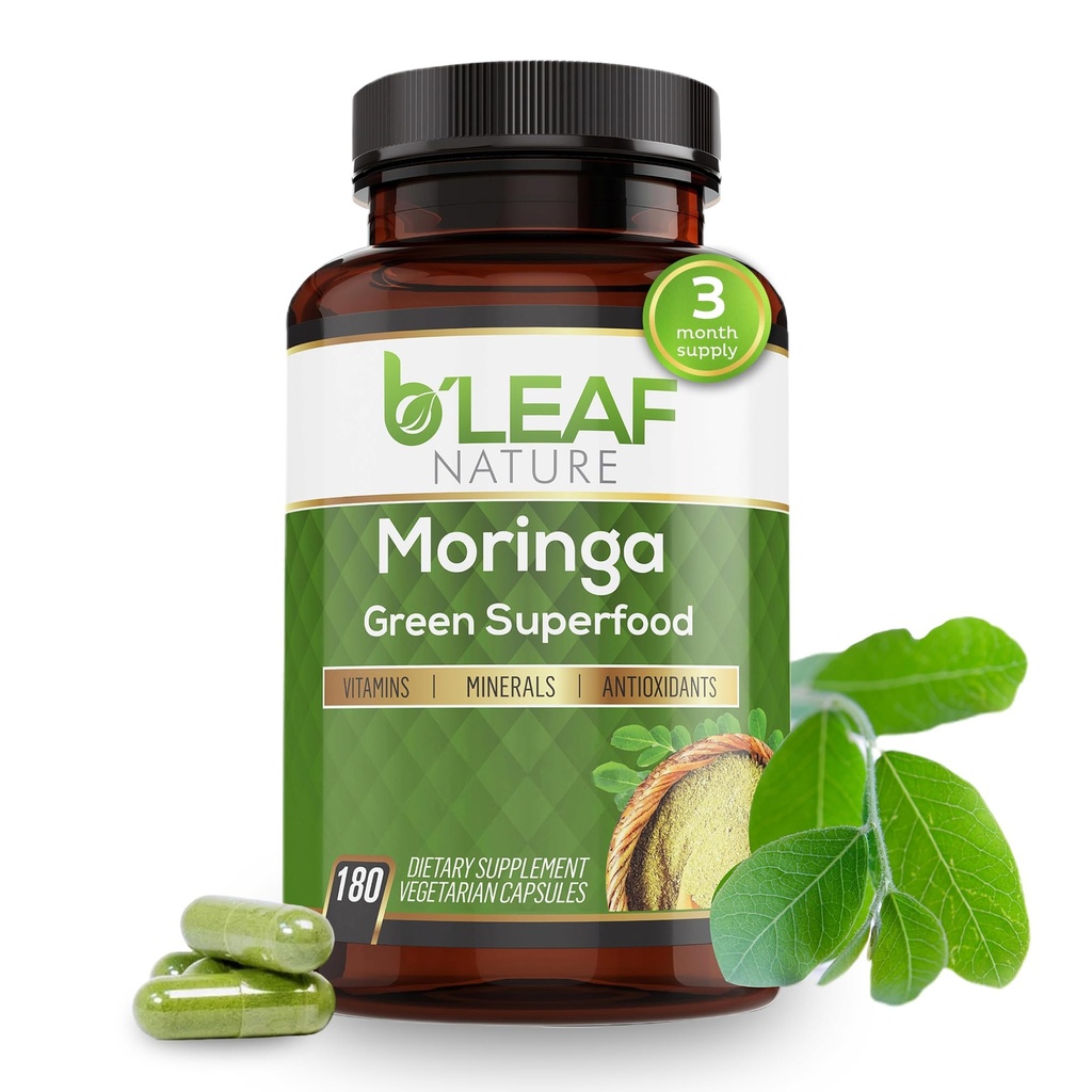 B 'LEAF NATURE Organic Moringa Kapsułki 1000mg, 180 Count - Moringa Kapsułki z organicznym Olefeira Proszek do immunologicznego wsparcia, Energia & Równowaga - Wegan, Nie-GMO Suplementy dla Codzienne Wellness