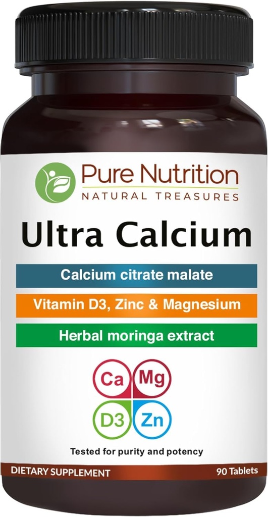 Pure Nutrition Ultra Calcium 1000mg z VIT D3 + K2 z VIT D3 + K2 z 124; 90 Tab z 124; Wysoko wchłanialny suplement wapnia z jabłkiem cytrynianu wapnia, VIT D3, K2, Moringa Oleifera, Magnezu i cynku.