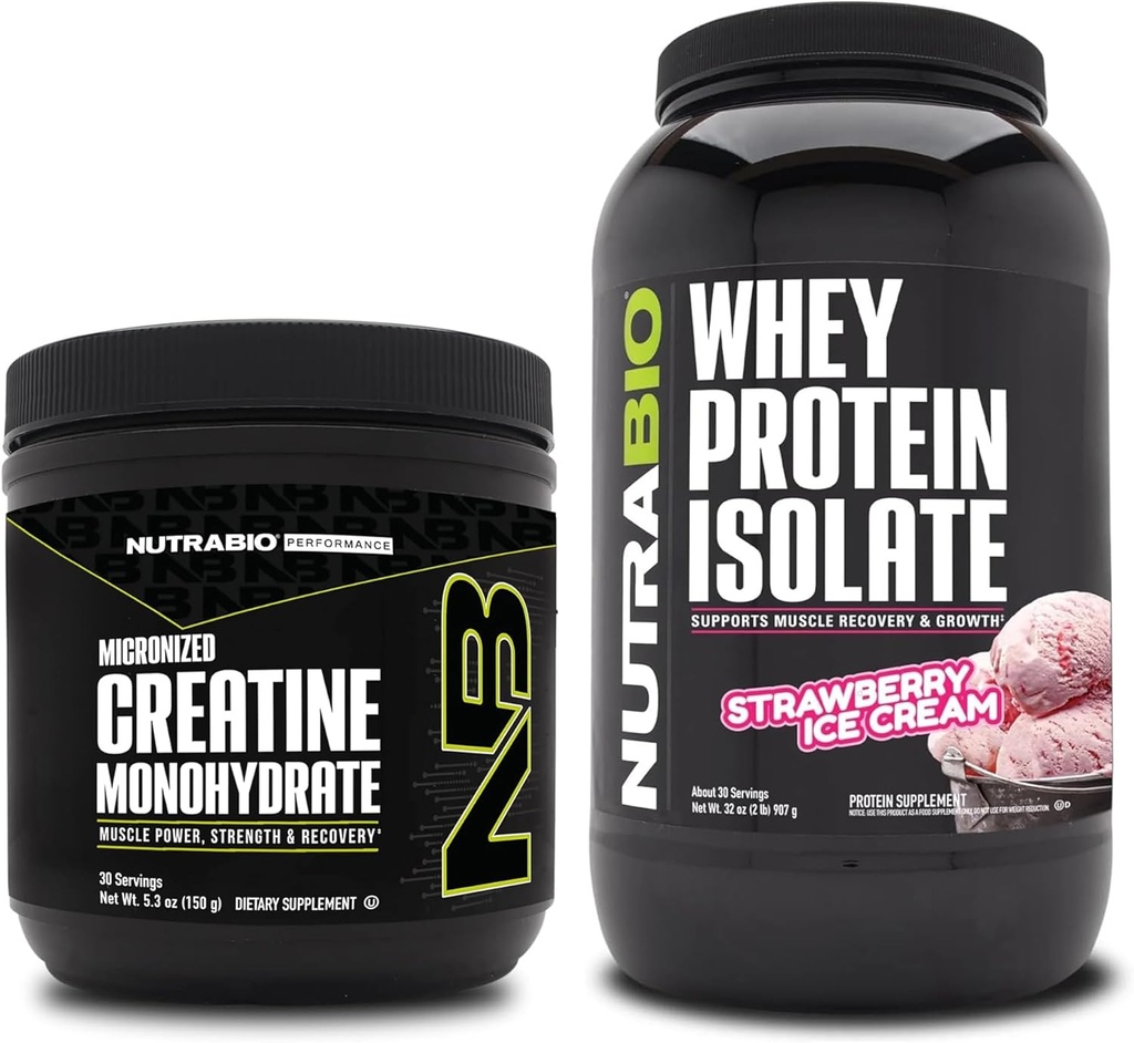 Monowodzian NutraBio Creatine, Izolat Unflavored, 150g i białka serwatki, Lody truskawkowe, Suplement Pasek - Energia mięśniowa, Lean Muscle Growth, Odzysk i Siła