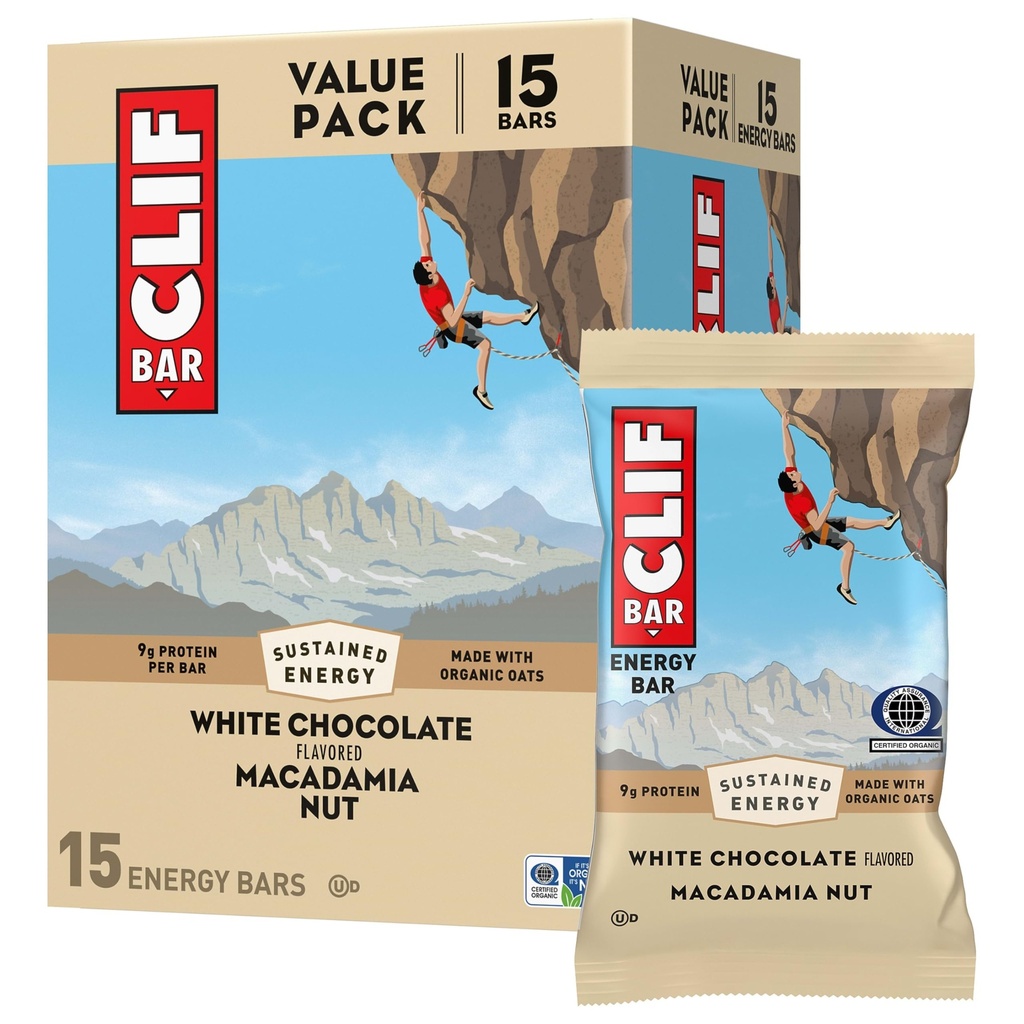 CLIF BAR - Bary białka energetycznego - Biała Czekolada Macadamia Nut - Wykonane z Owies organicznych - Bary energetyczne - Non-GMO - (15 Pack)