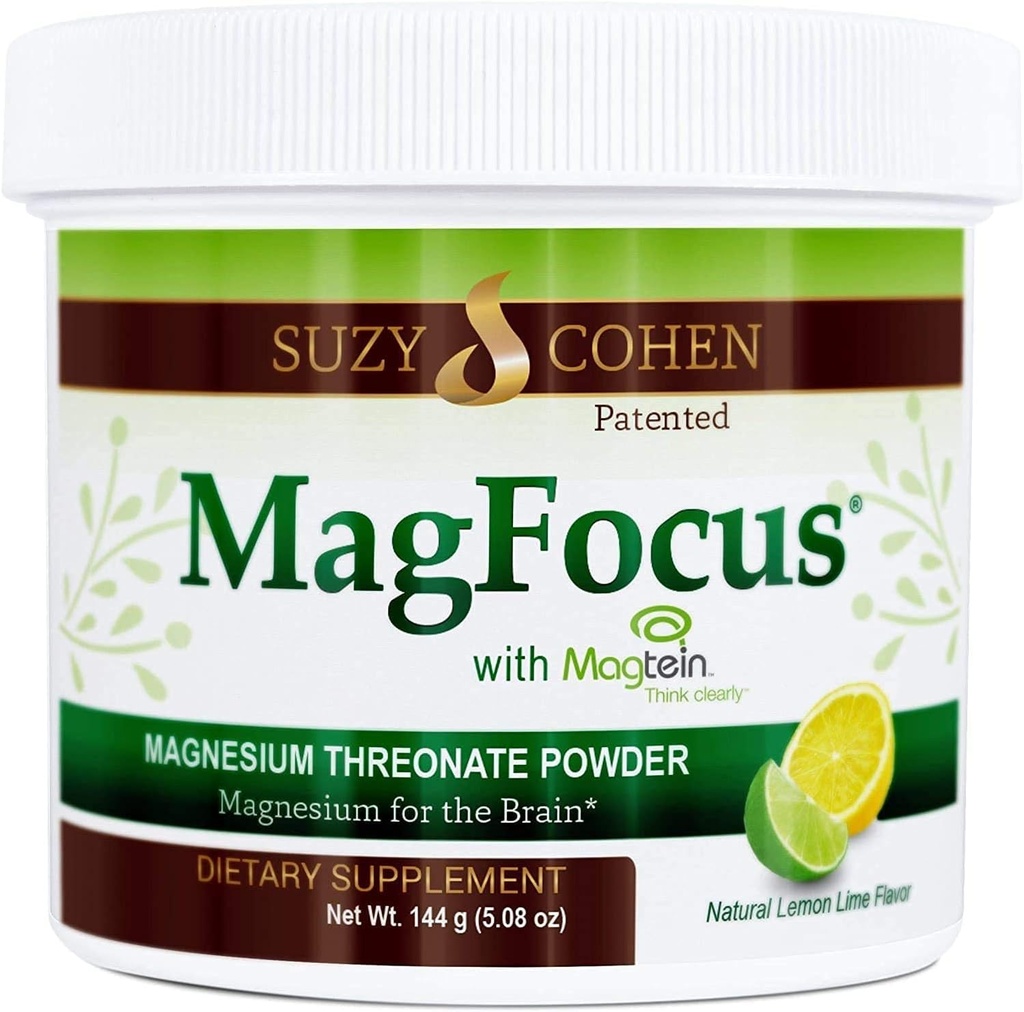 Suzy Cohen MagFocus Magnezu Threonian Proszek Suplement diety 200mg, Zdrowy Nerw, Wsparcie Cognition, Energia, Zdrowie kości, Stewia, Lemon Flavor, 60 Służenie