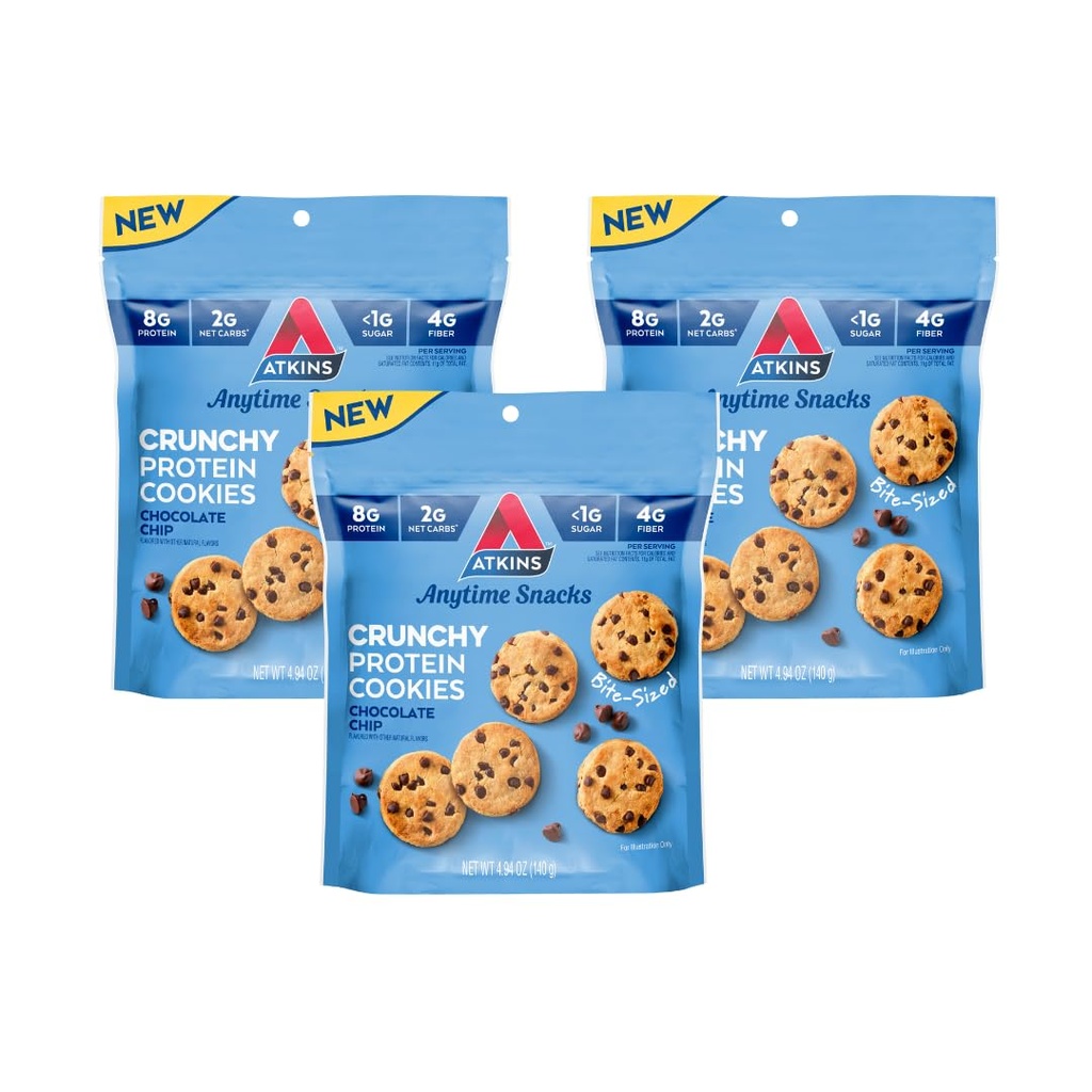 Atkins Bite- Sized Chrupiące ciasteczka białkowe, Czekoladowy Chip, 8g Białko, 4g Fiber, 1g Karb netto, 1g Cukier, Keto Friendly, 3 torby (5 Servings per Bag)