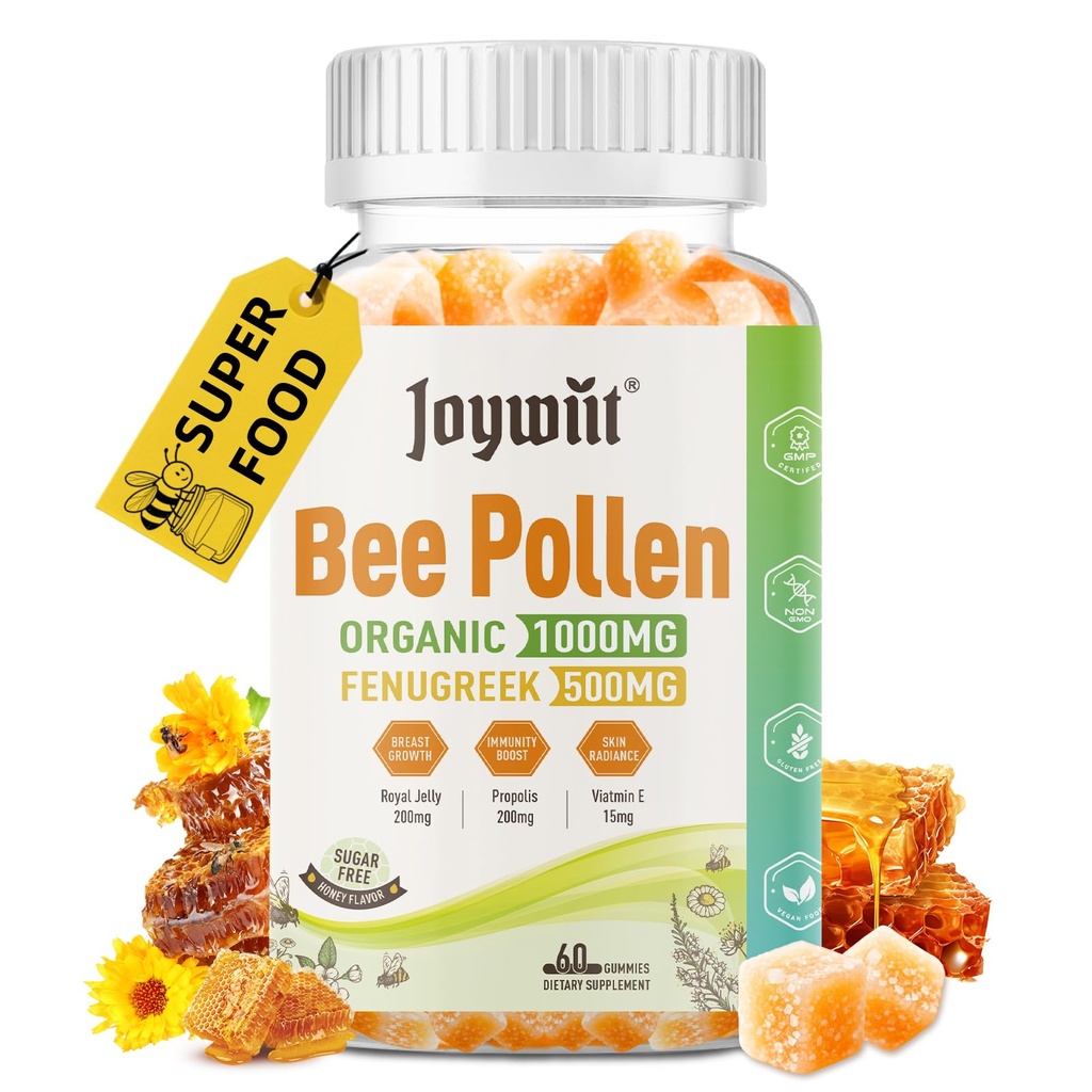 Bee Pollen 1000mg Sugar Free Gummies, w / Kozieradka, Royal Jelly, Propolis, Organic Bee Pollen Chewable Suplement dla kobiet, bogaty w witaminy E, Immunitet i pielęgnacja skóry, 60 Liczby