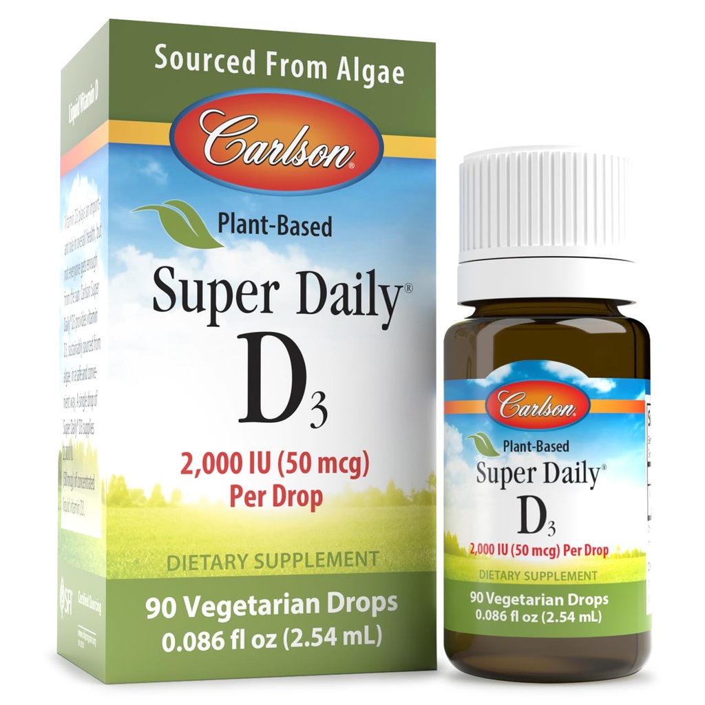 Carlson - Plant- Based Super Daily D3 2000 IU (50 μg) na kroplę, Wegetariańska witamina D krople, Płynna witamina D3, Sourced from Algae, Unflavored, 90 Drops (2,54 ml)