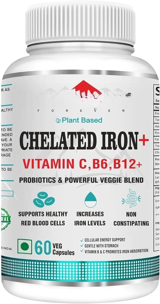 Na zawsze Chelated Żelazny Kwas Foliczny z VIT.C, z probiotyki, VIT. B6, VIT.B9, VIT. B12 - Tabletki Veg, 60