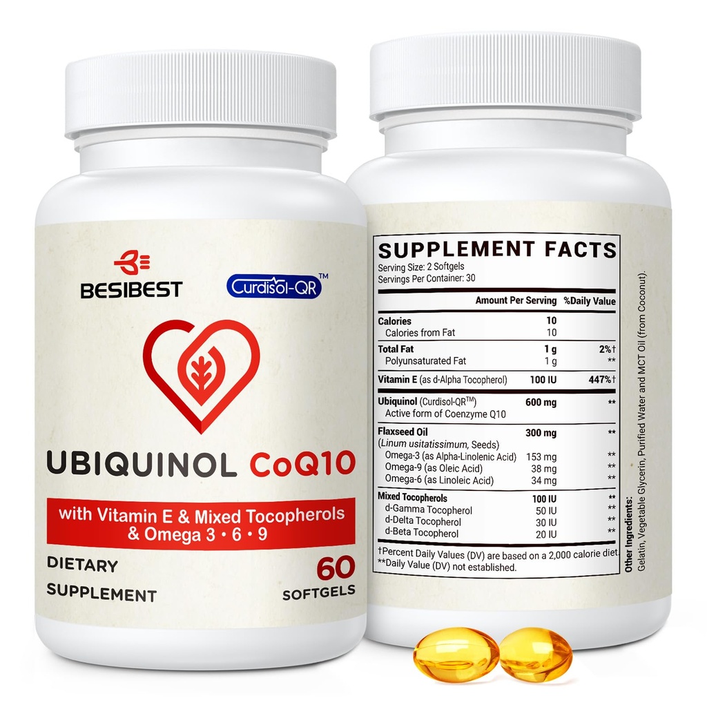 Besibest Ubichinol CoQ10- 600mg- Softgel, Active Coq10 Ubichinol Suplement z witaminą E & Omega 3, 6, 9, Wysokie Absorpcja - Coenzyme- Q10, Potężny przeciwutleniacz do produkcji energii, Tested, 60 Hrabia