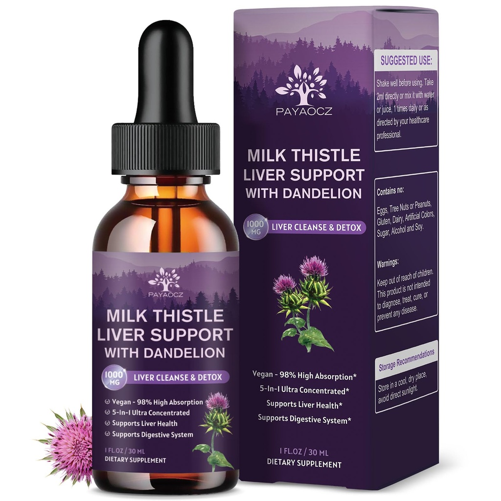 (2 opakowania) Mleko Thistle płynne krople Silymarin 1000mg, Suplement wątroby Detox & Cleanse z Dandelion & Karczoch, Mleko Thistle Organic Extract for Support Repair Liver Health, Wegan, Non-GMO, 1 Fl Oz