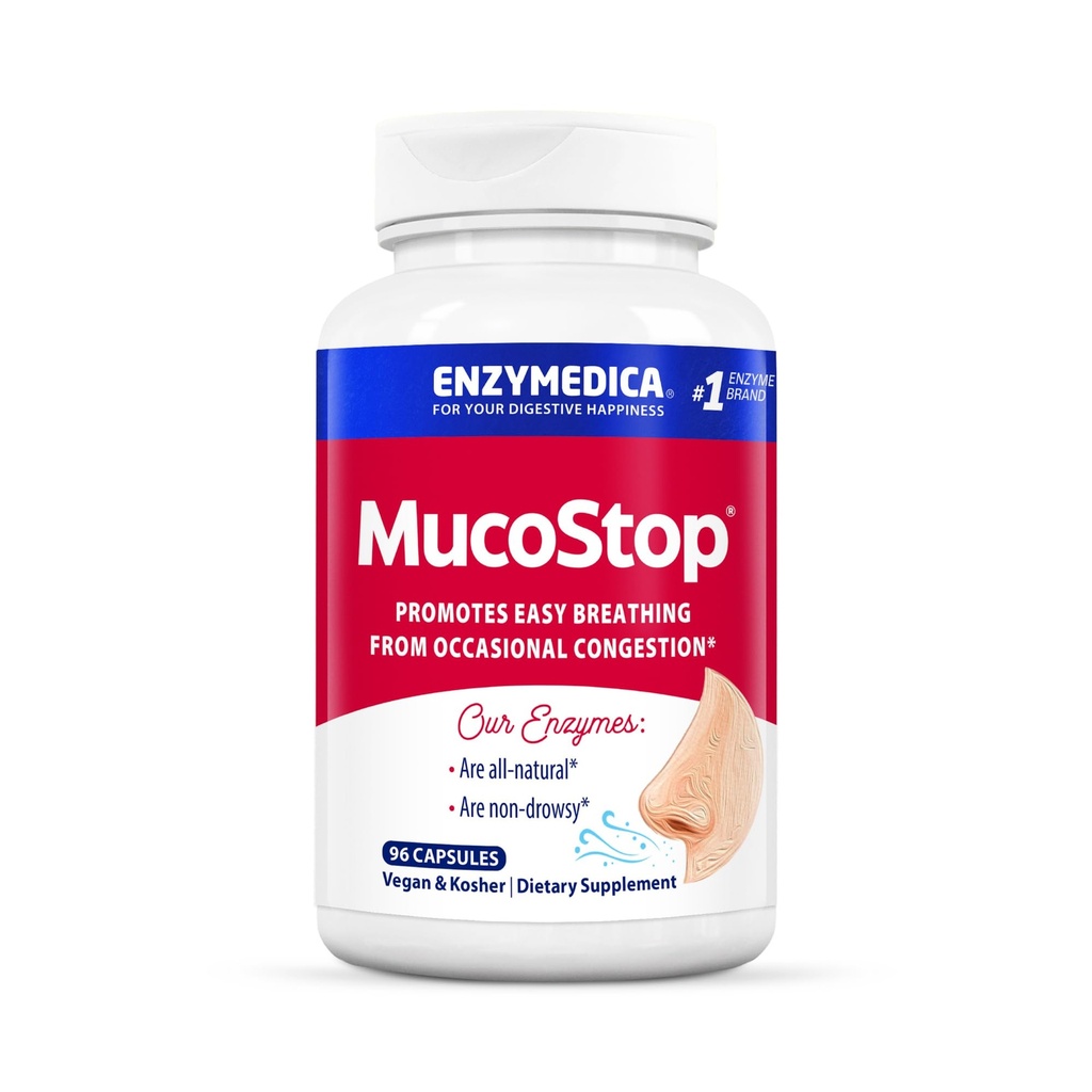 Enzymedica, MucoStop, Natural Enzyme Supplement, Relieves Sezonowe lub sporadyczne zastoju, Wsparcie Easy Breathing, 96 Count