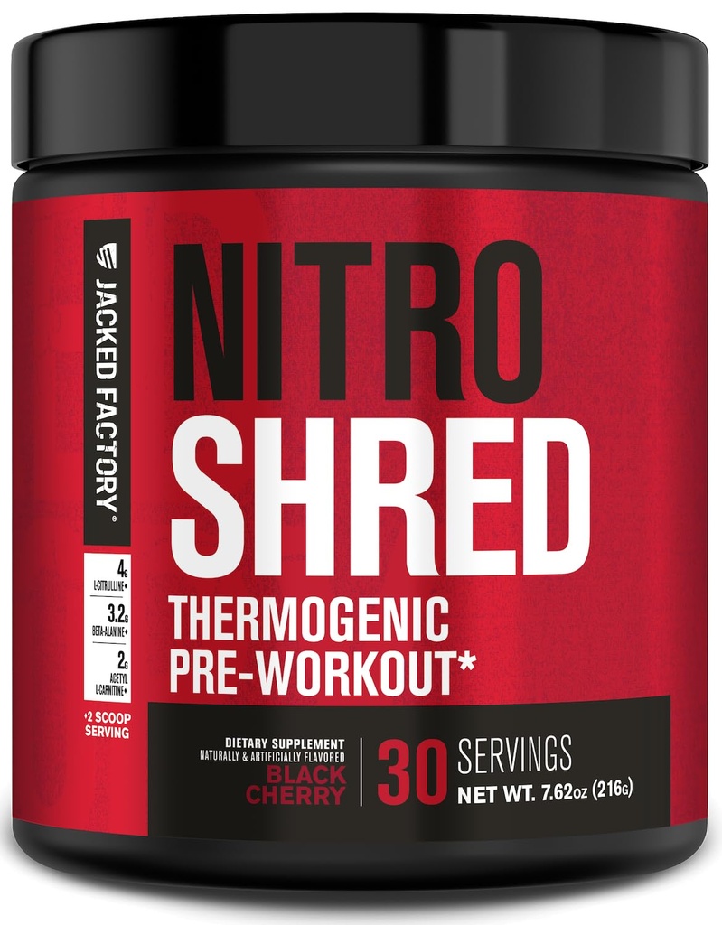 Jacked Factory NITROSURGE Shred PreWorkout Supplement - Energy Booster, Instant Strength Gains, Sharp Focus, Potężne pompy - Aciric Oxide Booster & PreWorkout Powder - 30Sv, Black Cherry