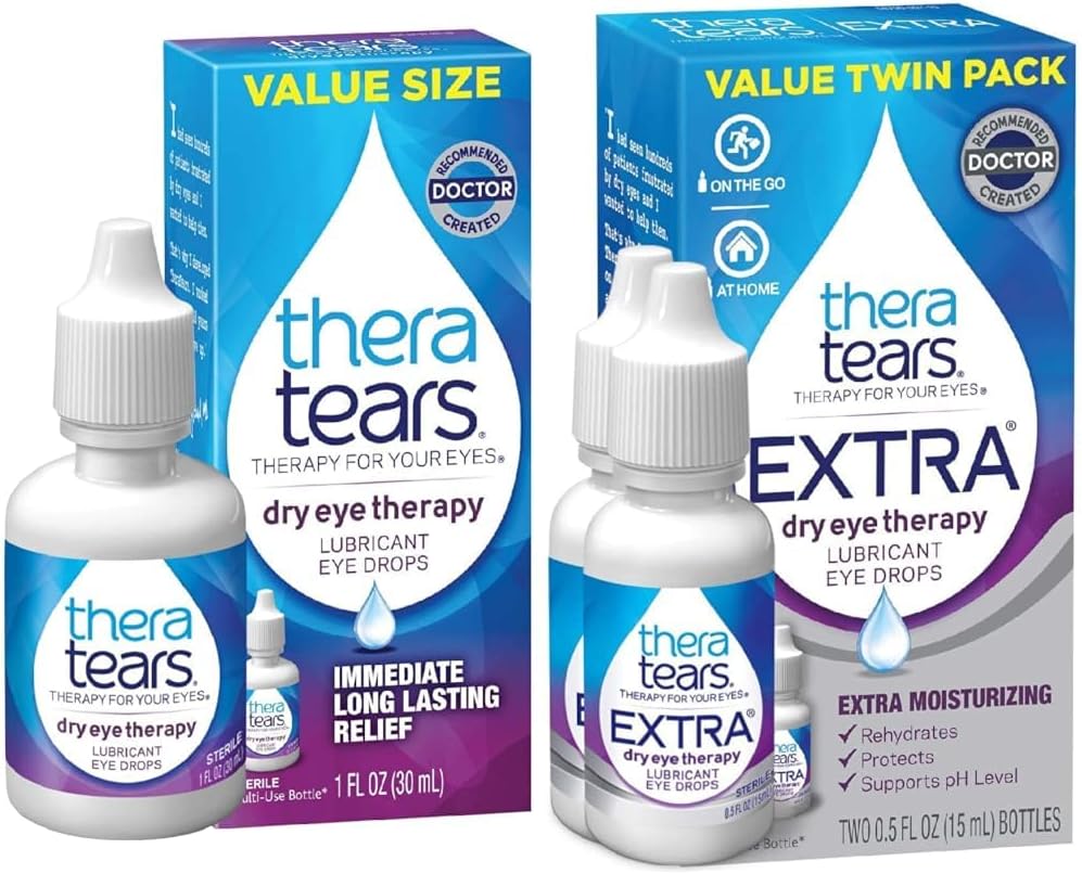 TheraTears Dry Eye Therapy Eye Drops for Dry Eyes, 1.0 Fl Oz & Extra Dry Eye Therapy Lubrykating Eye Drops for Dry Eyes, 0.5 fl Oz Bottle, 2 Count (Pack of 1)