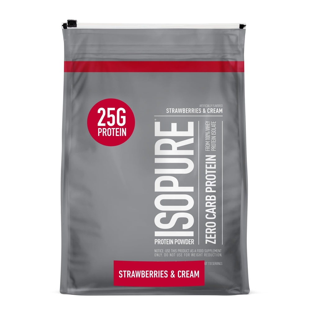 Izopura Zero Carb 100% Pure Whey Isolate Protein Powder, Laktoza Free, Gluten Free, Witaminy, Truskawki i śmietana, 25 g Białko na Podawanie, 7.5 Lbs, 110 Słupki (Packaging May Vary)