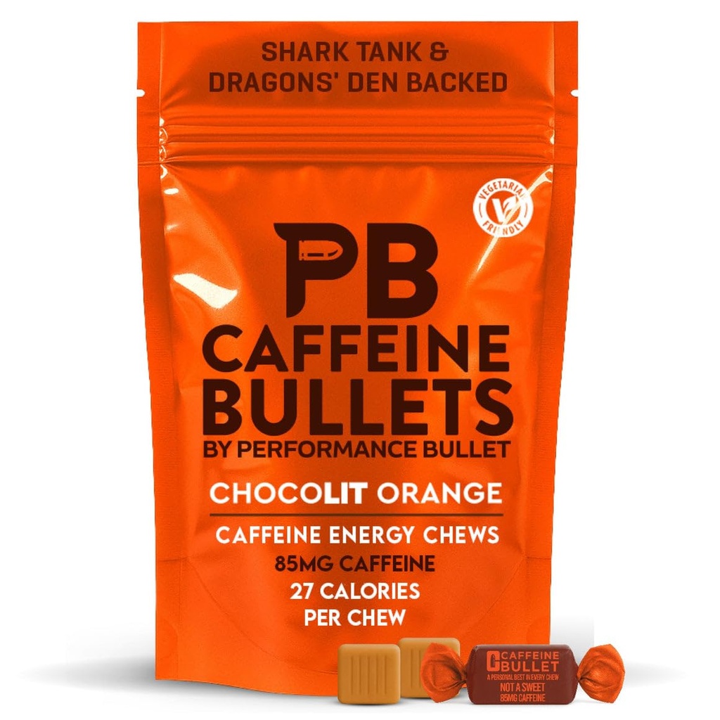 Kofeina Bullet Energy Chews - Chocolate Orange. 16 * 85mg - Szybsze Kopanie niż Pigułki, Żele & Guma. Sport Nauka dla Biegania, Jazda na rowerze, Gaming. Pretresout Endurance Boost.
