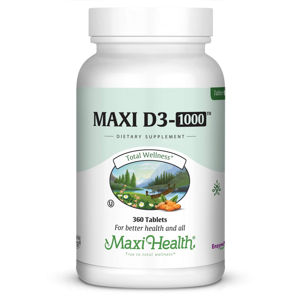 Maxi- Health Witamina D3 1000 j. m. - dla zdrowej funkcji mięśni, kości i wsparcia immunologicznego - 360 tabletek - Najlepszy suplement koszerny dla dorosłych