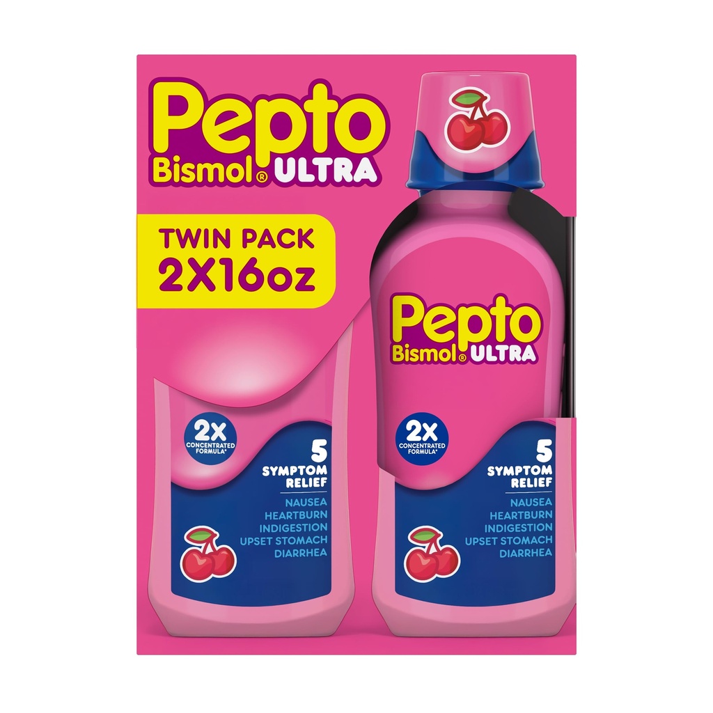 Pepto Bismol Liquid Ultra dla Nudności, oparzenia serca, Niestrawności, Zdenerwowane żołądki i Biegunka - 5 Symptom Fast Relief, Cherry Flavor 12 oz (Opakowanie po 3)