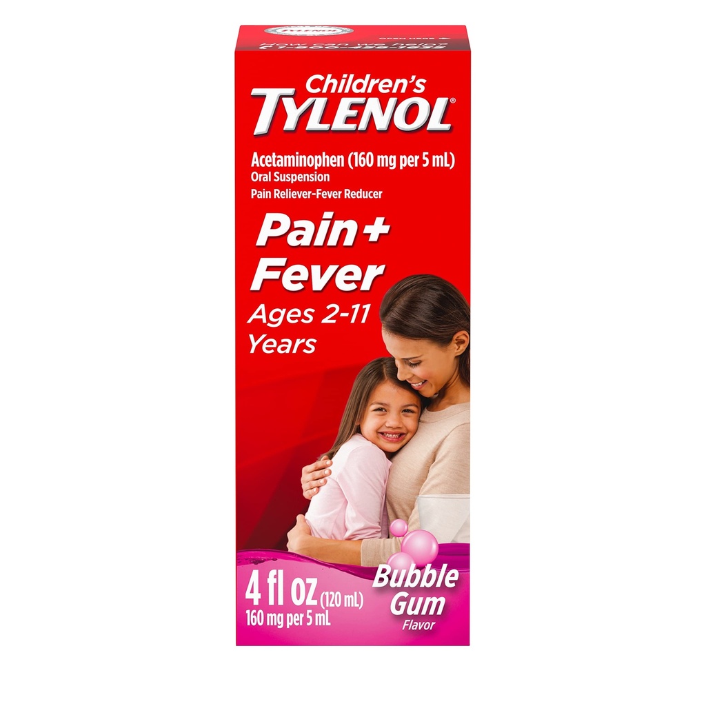 Leki na zawiesinę doustną dla dzieci Tylenol, Liquid medicine Pain Reliever & Fever Reducer for Cold + Flu Symptom, Aspirin -, Ibuprofen - & Alcohol- Free, Bubble Gum, 4 fl. oz