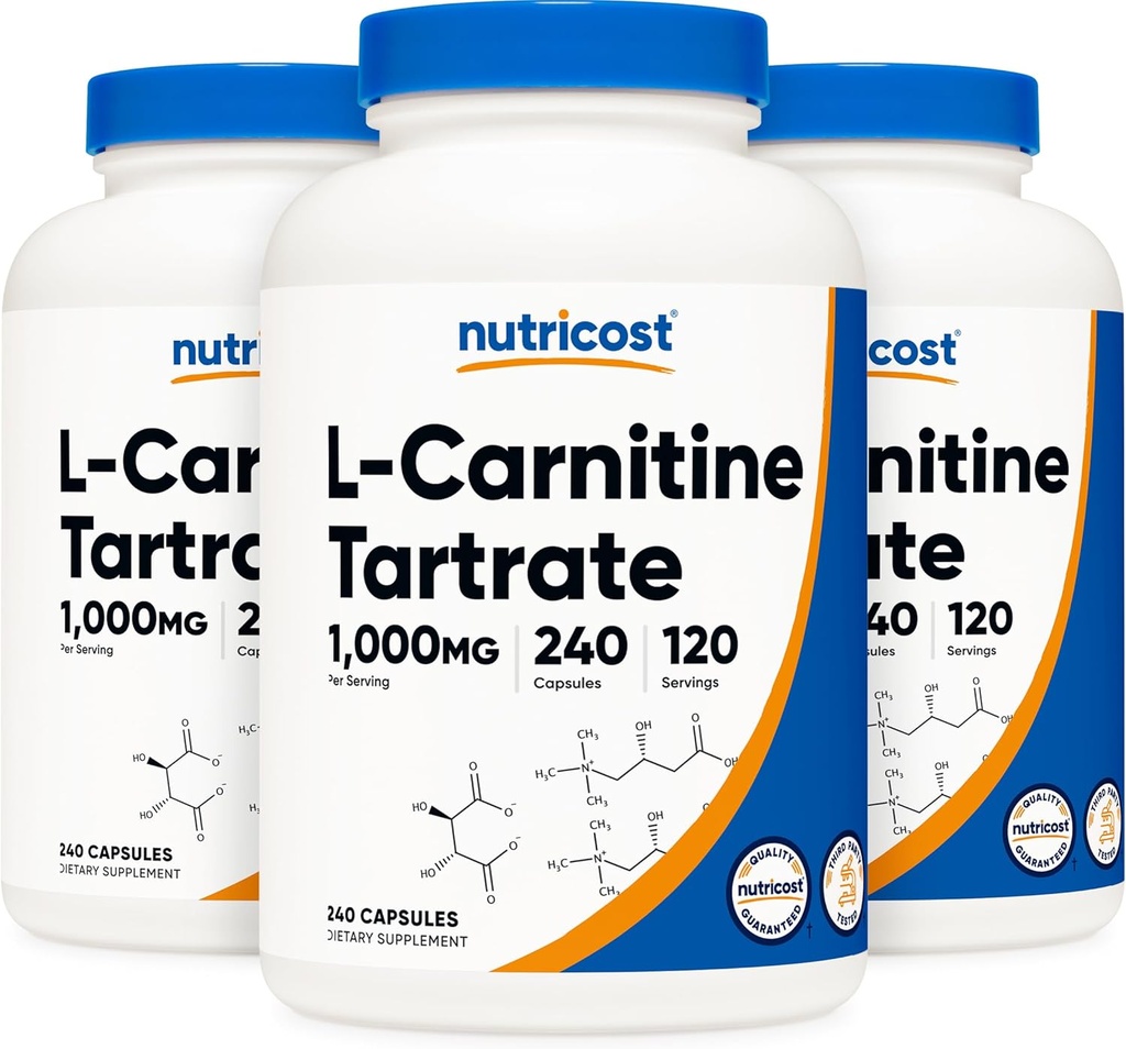 Nutricost L- Karnityna Winian 500mg, 240 Kapsułki - 1000mg na Podawanie (3 butelki)