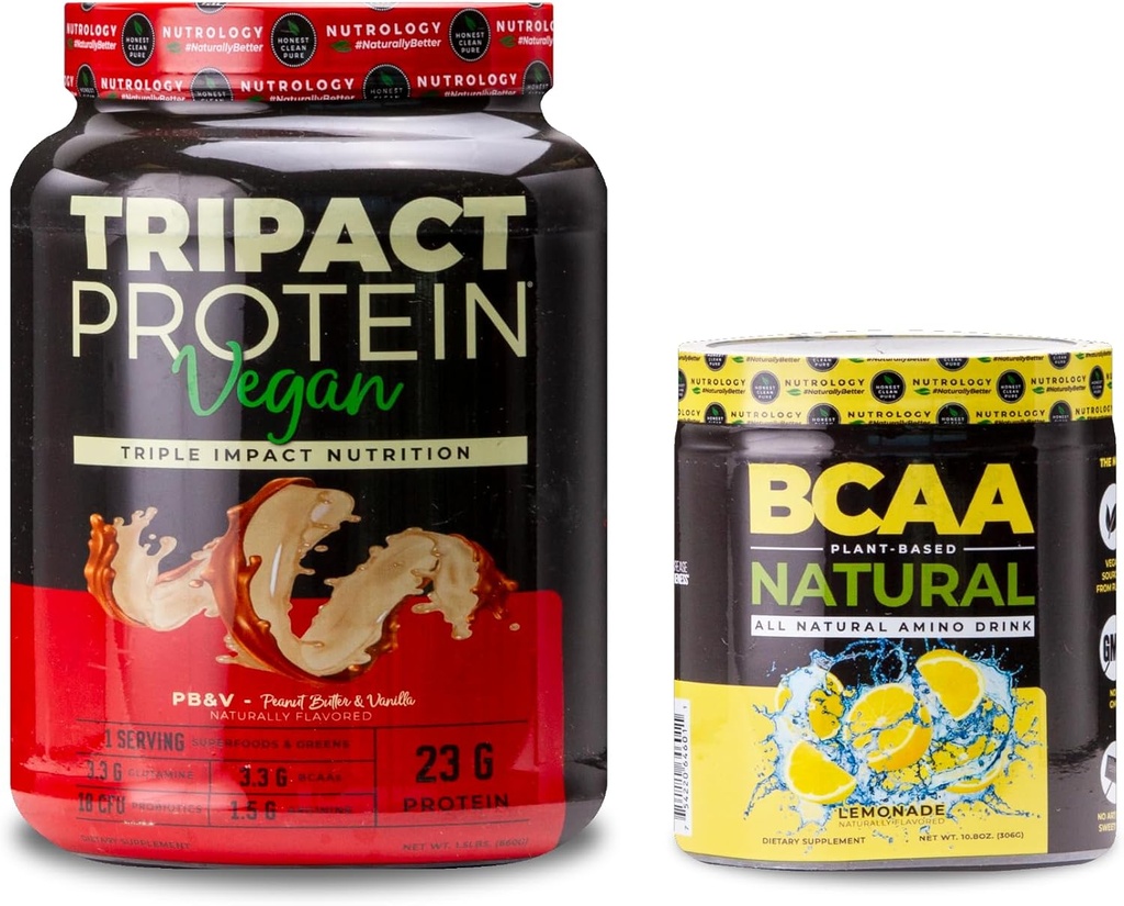 Nutrologia TRIPACT Wegański proszek białkowy, do shakes białka wegańskiego, Masło orzechowe Wanilia (20 Słupki) BCAA Naturalny, Roślina w oparciu BCAA Proszek, Lemoniada Flavor (30 Słupki)