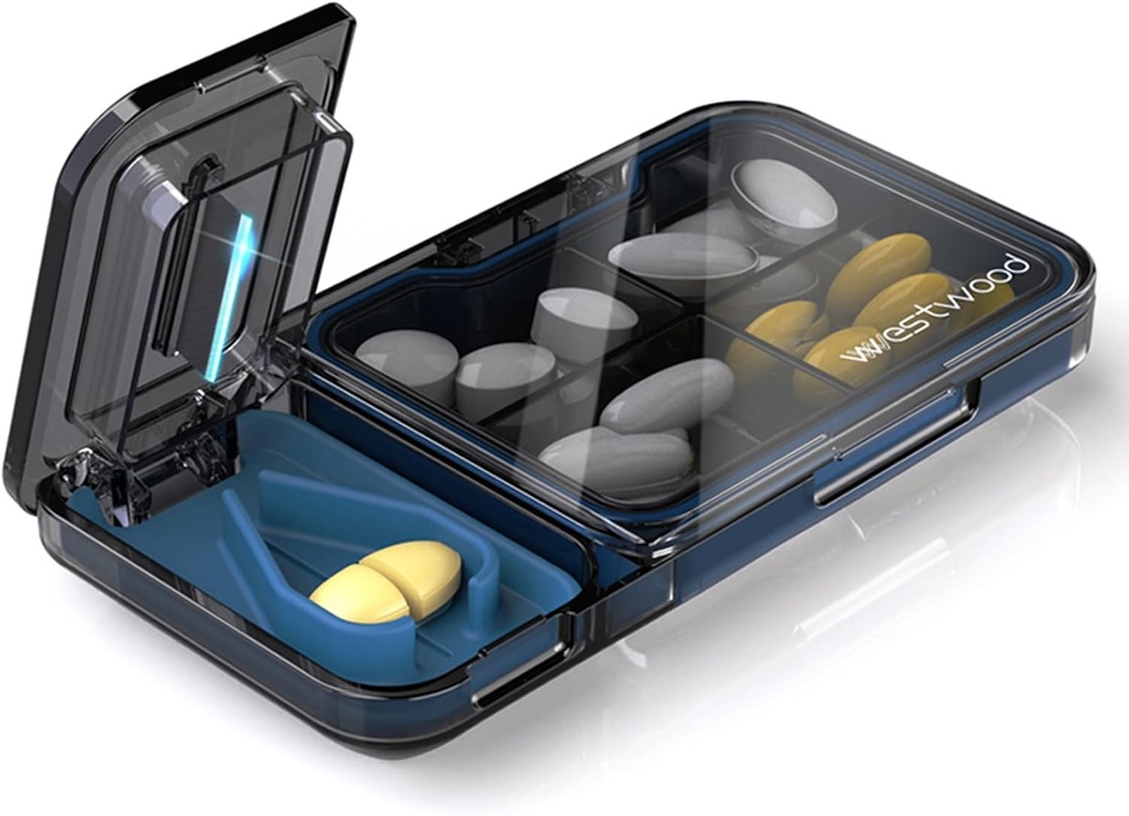 Travel Pill Organizator z Pill Cutter Splitter, 4 Komory Pill Case, Małe Pill Box do torebki kieszonkowej, Codzienne Pill Container do przechowywania witamin Cod dodatek oleju wątrobowego, Medicine Planner (czarny)