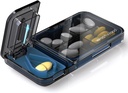 Travel Pill Organizator z Pill Cutter Splitter, 4 Komory Pill Case, Małe Pill Box do torebki kieszonkowej, Codzienne Pill Container do przechowywania witamin Cod dodatek oleju wątrobowego, Medicine Planner (czarny)