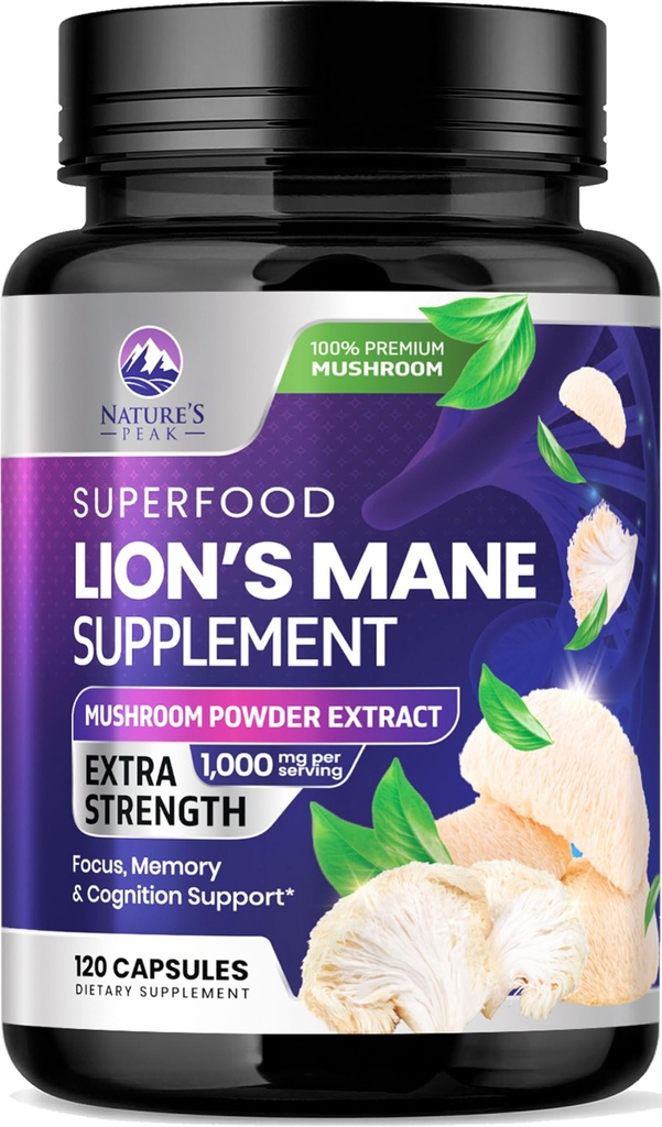 Lions Mane Mushroom Capsules 10,000 mg - Lion 's Mane Supplement Capsules for Memory and Focus Support, Mózg, Immune Health Support, Wegan, Butelled in USA, Lions Mane Mushroom Powder Extract, 120 Count