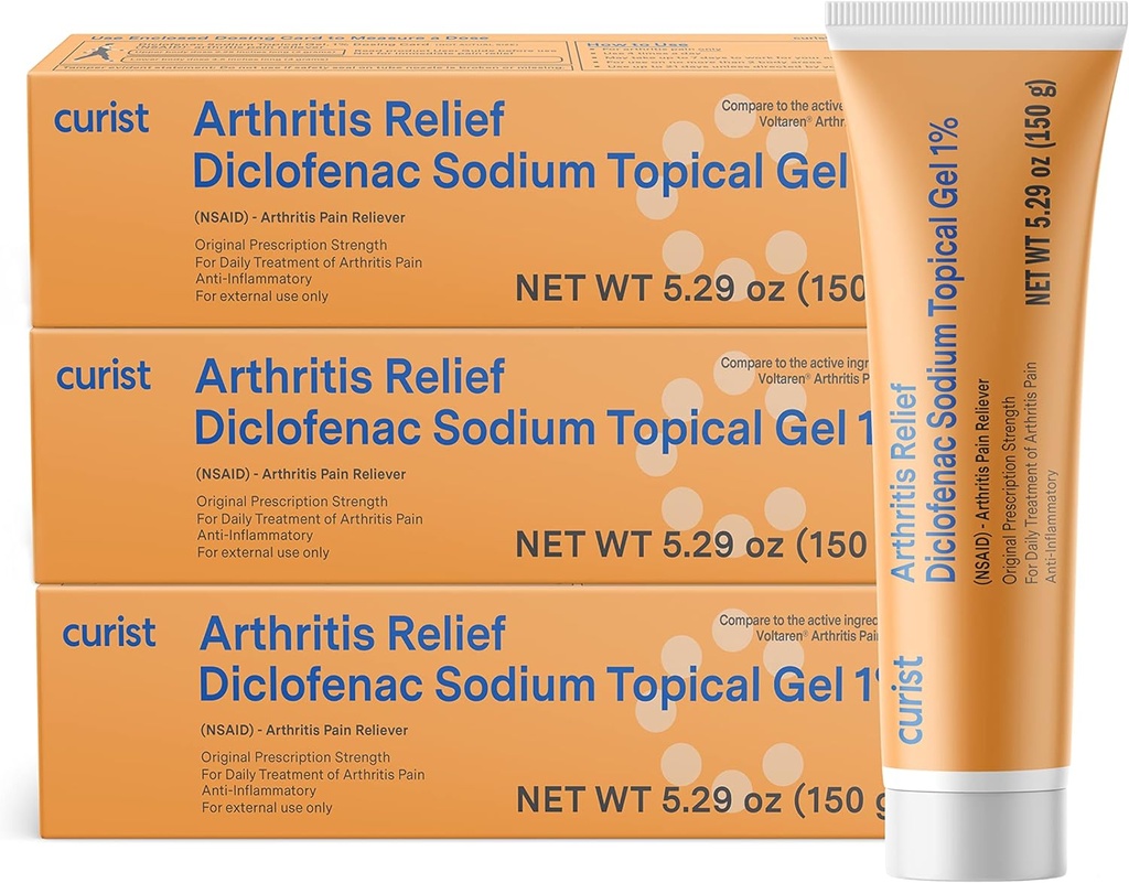 Curist Diclofenac Artretitis Cream Gel 1% (3 tuby 150g) - Stop Pain in Wrists, Feet, Elbons, & Ankles. Ręczne zapalenie stawów Relief ból i zapalenie stawów kolana Relief (3 Pack, 5.29 oz ea.)