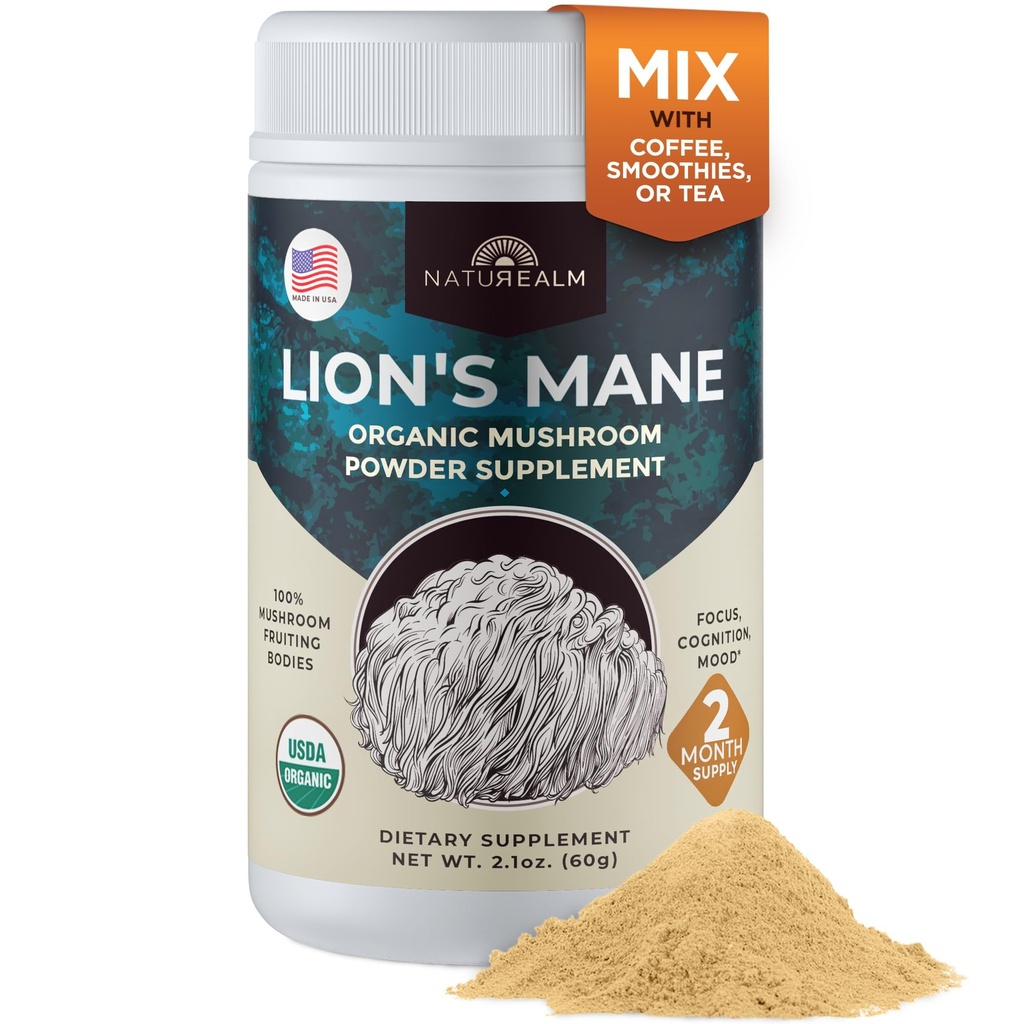 Naturalne Lwie Grzyby w proszku - Organic Brain Support for Focus Memory Clarity - Non GMO Funkcja kognitywna - 60 Służenia
