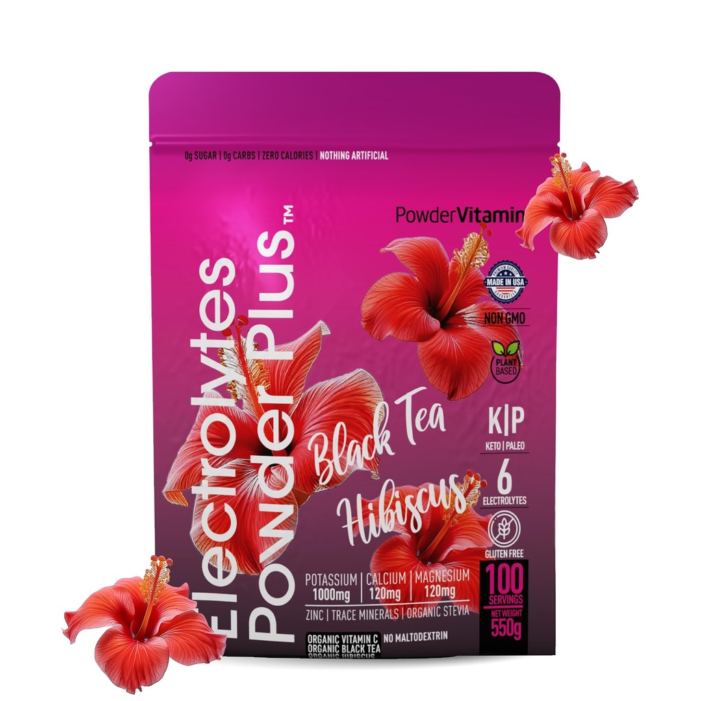 Proszek PowderWitamina Electrolytes Plus (100 Servings) Czarna herbata Hibiscus Electrolyte Proszek Keto, Cukier wolny, Pink Himalayan Sól, 1000mg potasu, 120mg wapnia, 120mg magnezu, Proszek nawadniający