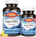 Carlson - Super DHA Gems, 500 mg Suplementy DHA, 640 mg Kwasy tłuszczowe, Wild- Caught Norweski Arctic Fish Oil Concentrat, zrównoważone sourced Nordic Fish Oil Capsules, 60 + 20 Softgels