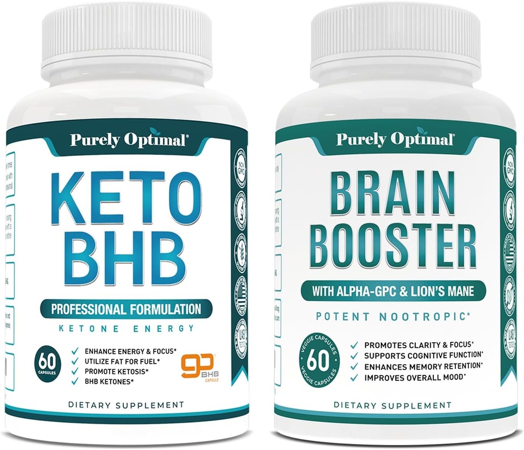 Całkowicie optymalny Keto BHB Exogenous Ketones Supplement + Premium Brain Supplement - Nootropowy booster mózgu dla ostrości, klarowności, poprawionej pamięci, koncentracji i lepszego nastroju