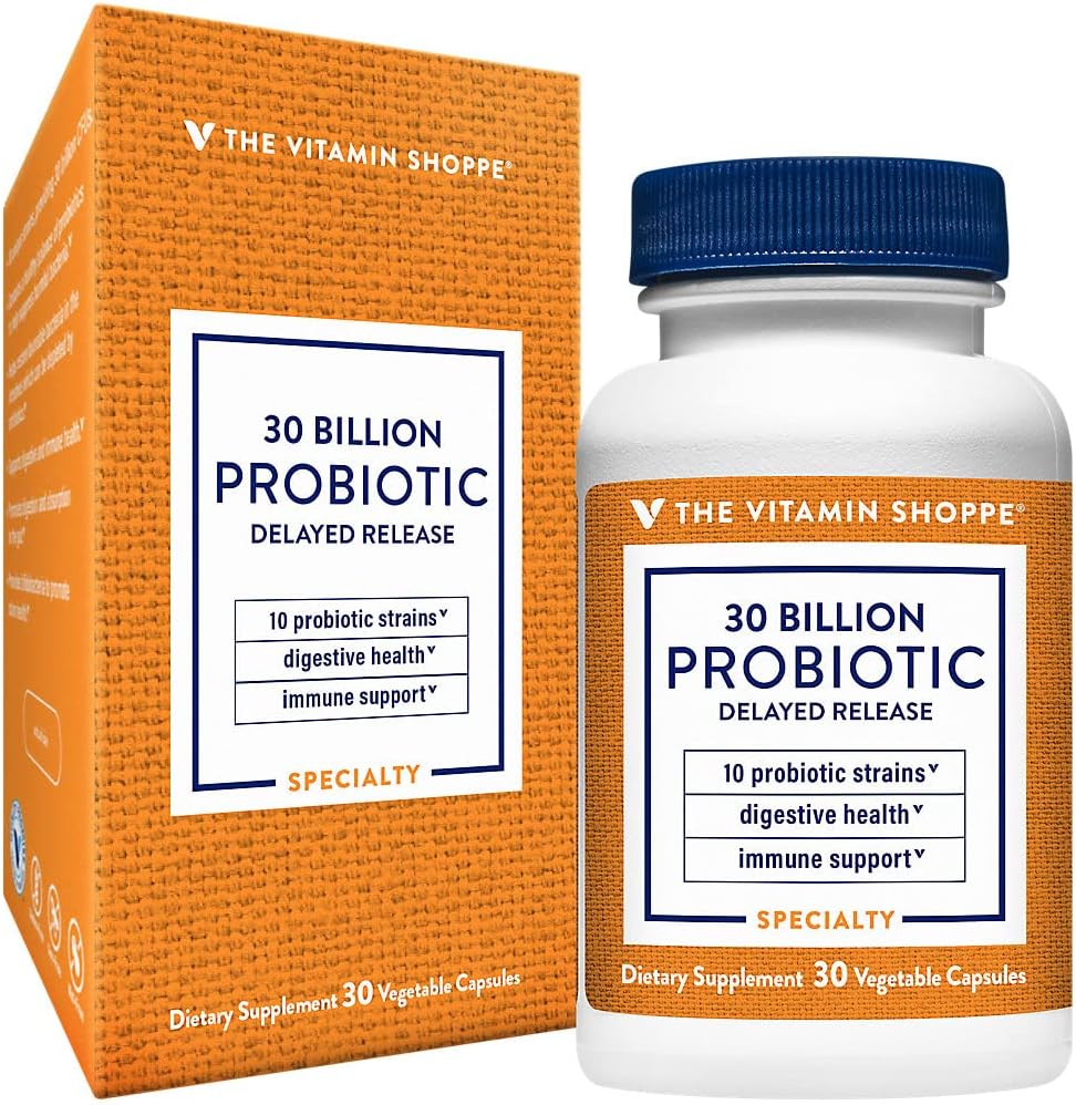 Witamina Shoppe Probiotic opóźnione uwolnienie 30 Miliard - z 10 Probiotyczne cieśniny do wsparcia zdrowia trawiennego, immunologicznego i waginalnego lub Yeast Nierównowaga - półka Stable (30 Veggie Czapki)