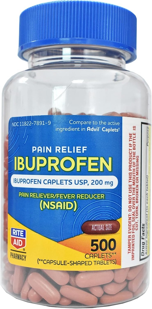 Rite Aid Pharmacy Ibuprofen 200 mg - 500 Coated Brown Caplets - Reliever Pain i Fever Reducer - Migrena Relief - Relief Bólu pleców - Zapalenie stawów Ulgi przeciwbólowe - Ból Killer