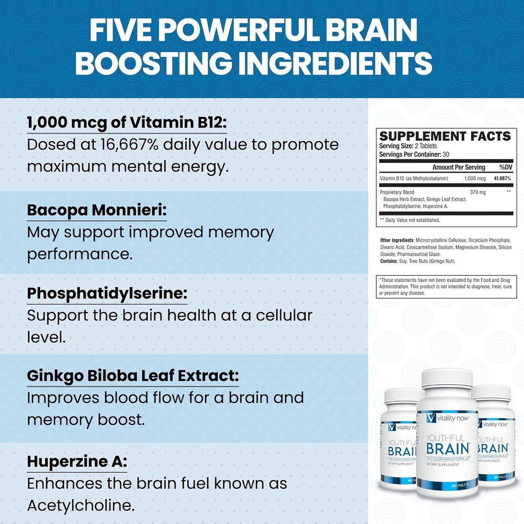 Młodzieńczy mózg 124; Memory & Brain Health Support Supplement with Bacopa Monnieri, Ginkgo Biloba, B12 - Easy to Swallow Tablets - 30- Day Supply (60 Count)