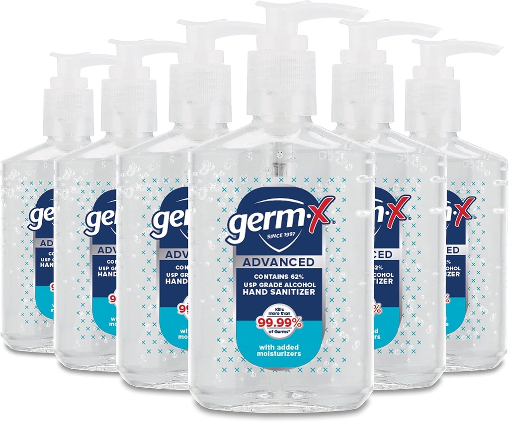 Germ- X Advanced Hand Sanitizer, Non- Suszenie Moisturizing Clear Gel, Instant and No Rinse Formula, Powrót do School Supplies College, Pompa Bottle, 8 Fl Oz (Pack of 6)