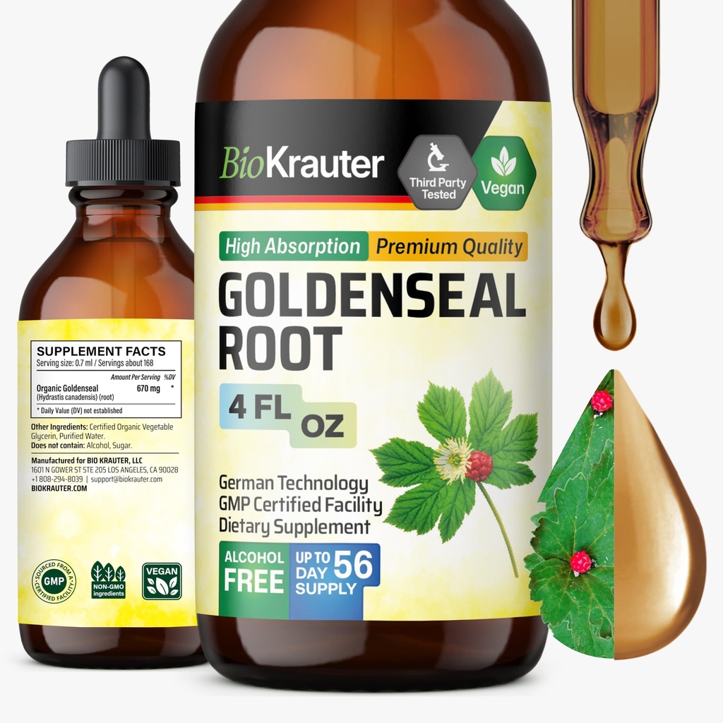 BIO KRAUTER Goldenseal Tincture - Vegan Lung Cleanse & Detox - Golden Seal Herb Supplement - Alkohol & Cukier Free Drops - 4 Fl.Oz.