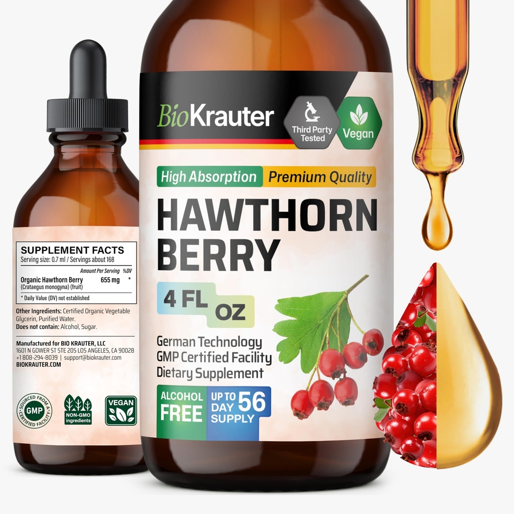 BIO KRAUTER Hawthorn Berry Extract Tincture - Natural Hawthorne Berry Supplement - 100% Pure Formula - Vegan Sugar & Alcohol Free - 4 Fl. Oz. - 56 Dzień dostawy