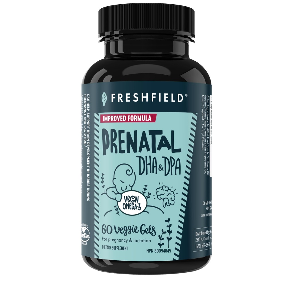 Freshfield Prenatal Vegan Omega 3 DHA: Zrównoważony, Carrageenan Free, Trzeci Tested Party, Kompostowalne butelki, Carbon Neutral. Wspomaga serce, mózg, zdrowie wspólne w / DPA