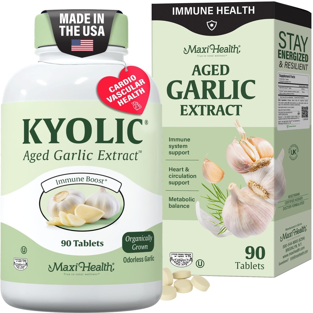 Maxi Health Kyolic Organic Garlic Supplement - koszerne Garlic Tablets z Kyolic Agged Garlic Extract for Immune Support - Wegetariańskie czosnku pigułki (90 Count)