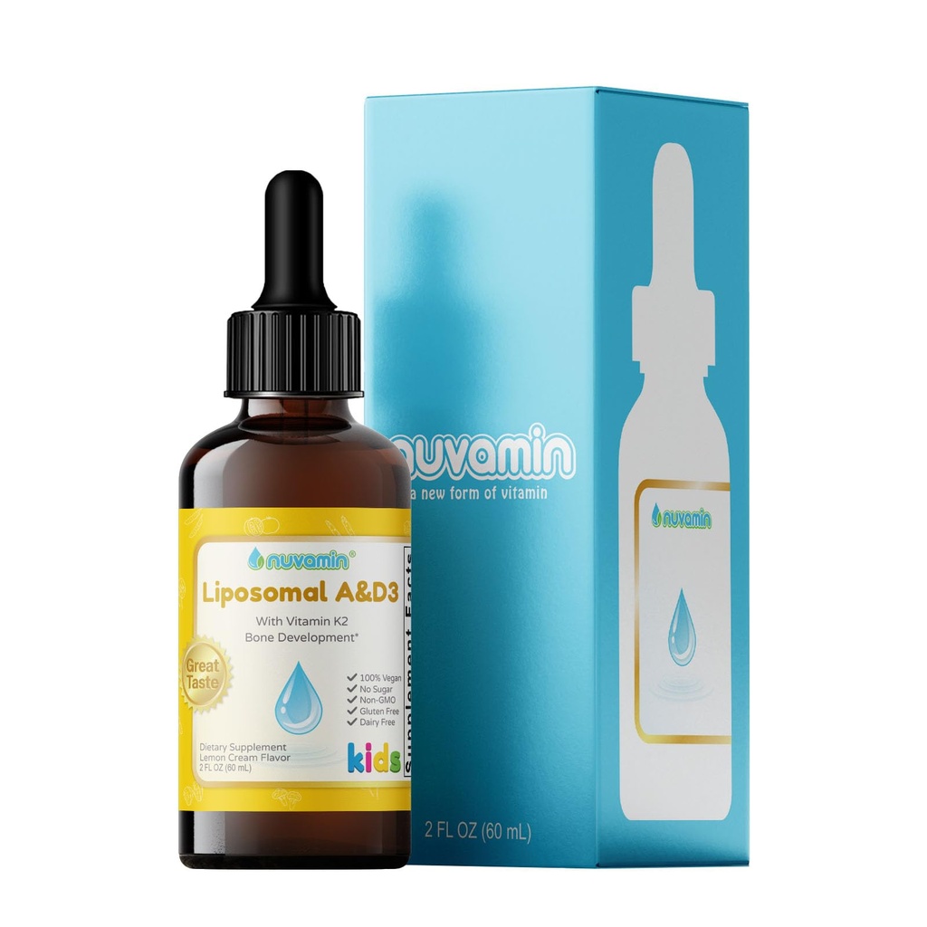 Nuvamin - płynna witamina liposomalna A & D3 krople K2 dla dzieci i dorosłych, 800 j.m. / ml, 2 Fl.Oz (60ml), 120 Daily Serving, Wielki smak - Wszystkie naturalne - Superior Absorption, Lemon Flavor