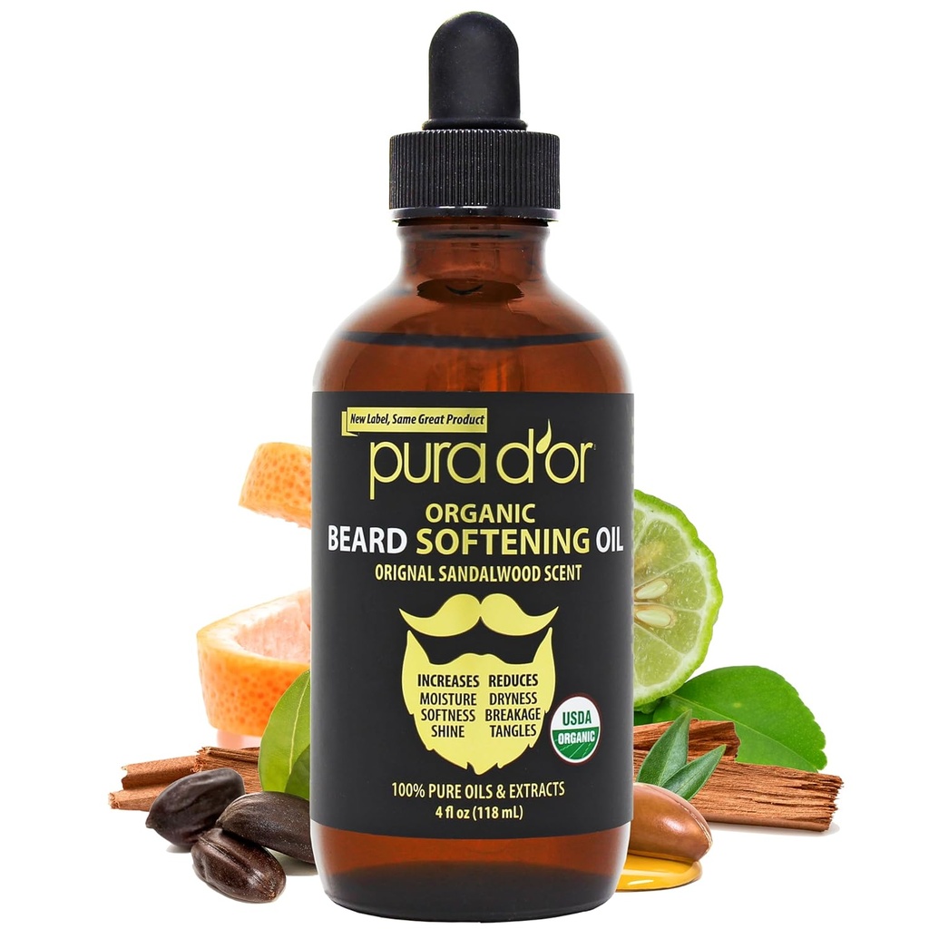 PURA D 'OR 4 OZ ORGANIC Oil Beard Softening - Original Sandalwood Scent - Leve- In Conditioner, Argan & Jojoba Oil - Mustache Care & Maintenance, Zwiększenie miękkości i siły - Beard Hair, Skóra & Twarz