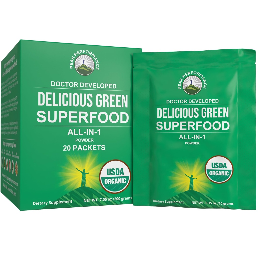 Szczytowa wydajność Organic Zielone Superfood Proszek Pojedyncze Podróże Pakiety. Najlepsze Degustacja Organic Green Juice Super Food z 25 + Wszystkie naturalne składniki dla Max Energy. (20 Pack)