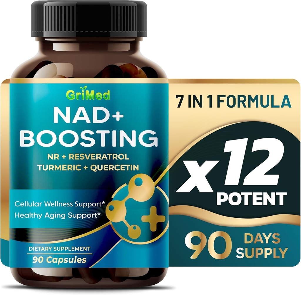 GriMed NAD + Wzrost 16,550mg- x12 Moc z NR + Resveratrol Turmeric + Quercetin - Energia komórkowa, Naprawa komórkowa, Zdrowe Starzenie - USA Made & Tested (90 Liczba (Pack of 1))