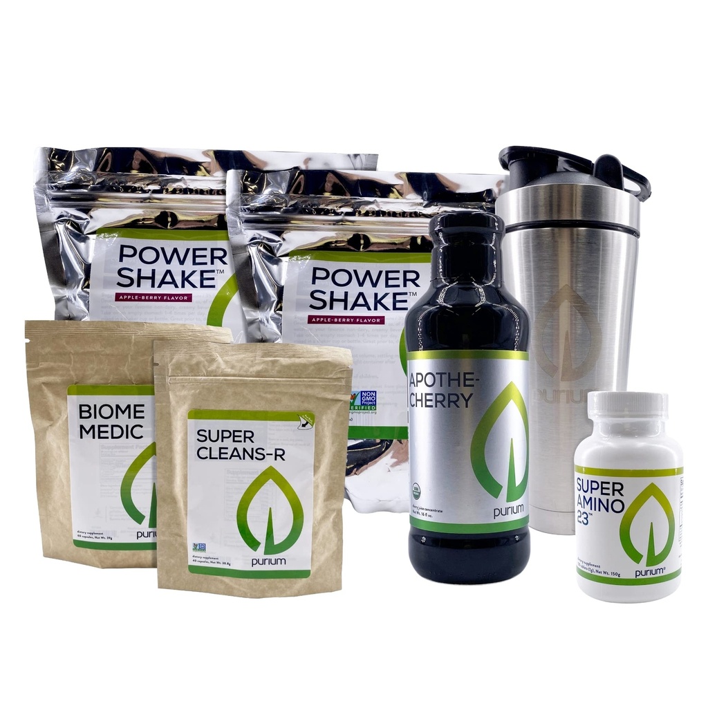 Purium Cleansing + Fitness Bundle - zawiera power Shake (Jabłko jagodowe), Apothe- Cherry, Super Amino 23, Super CleansR, Biome Medic, & Butelka mikser