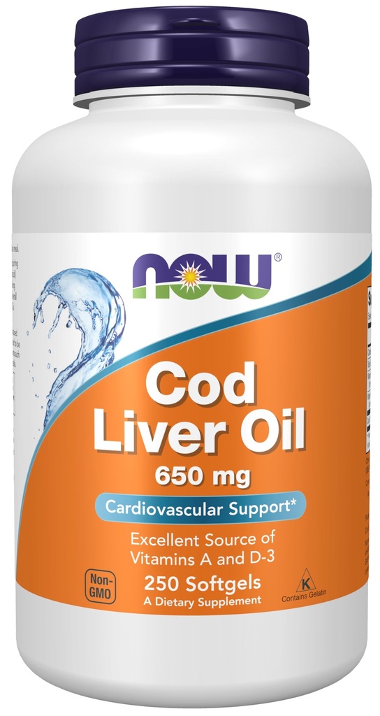 Teraz żywności Suplementy, Cod Liver Oil 650 mg, Doskonałe źródło witaminy A i D- 3, 250 Softgels