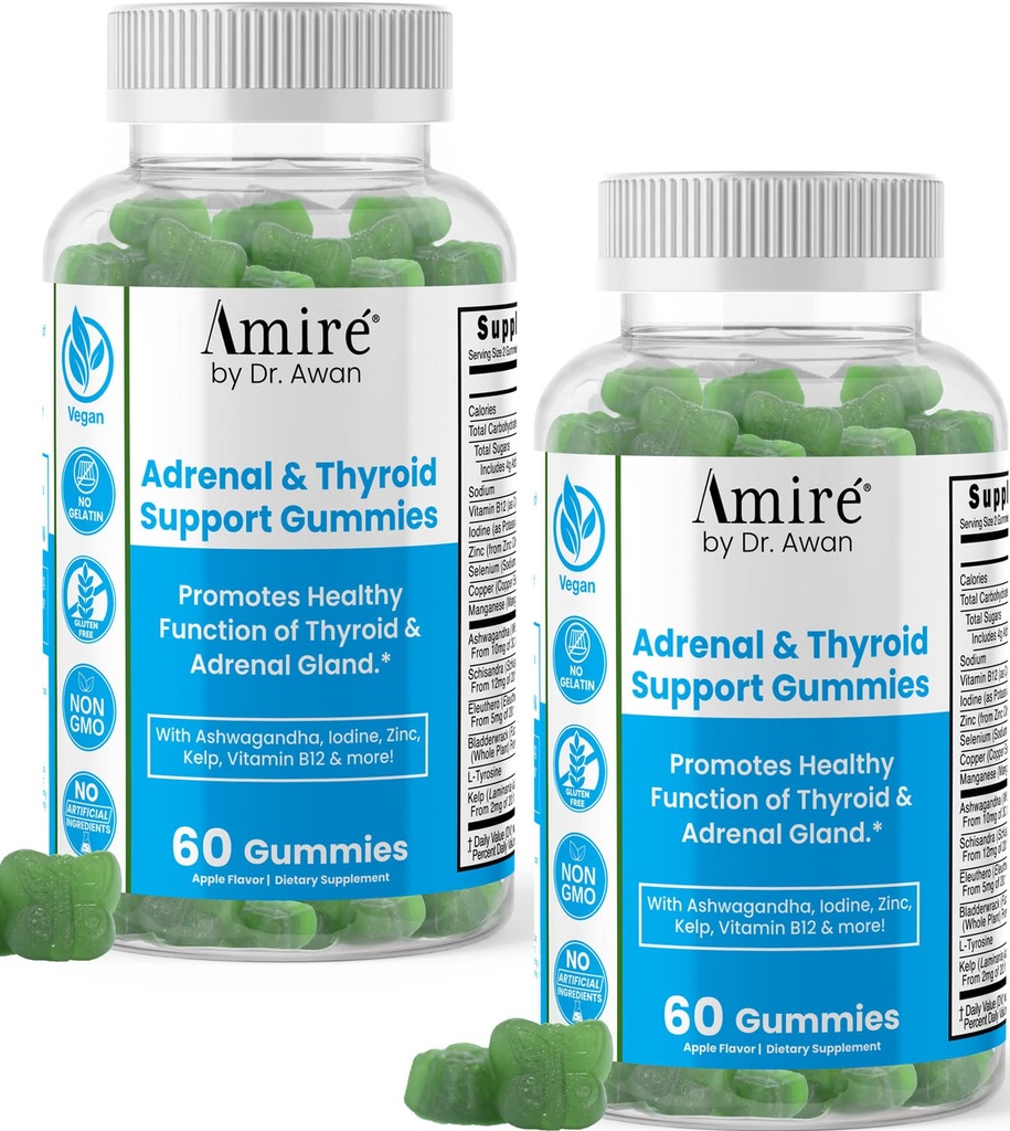 Amire Dr. Awan Thyroid Support Gummies, Promotes Healthy Function of Thyroid, Kelp, Selenium & Ashwagandha do poprawy energii, Immunitet, Metabolizm, 120ct, 60day Supply
