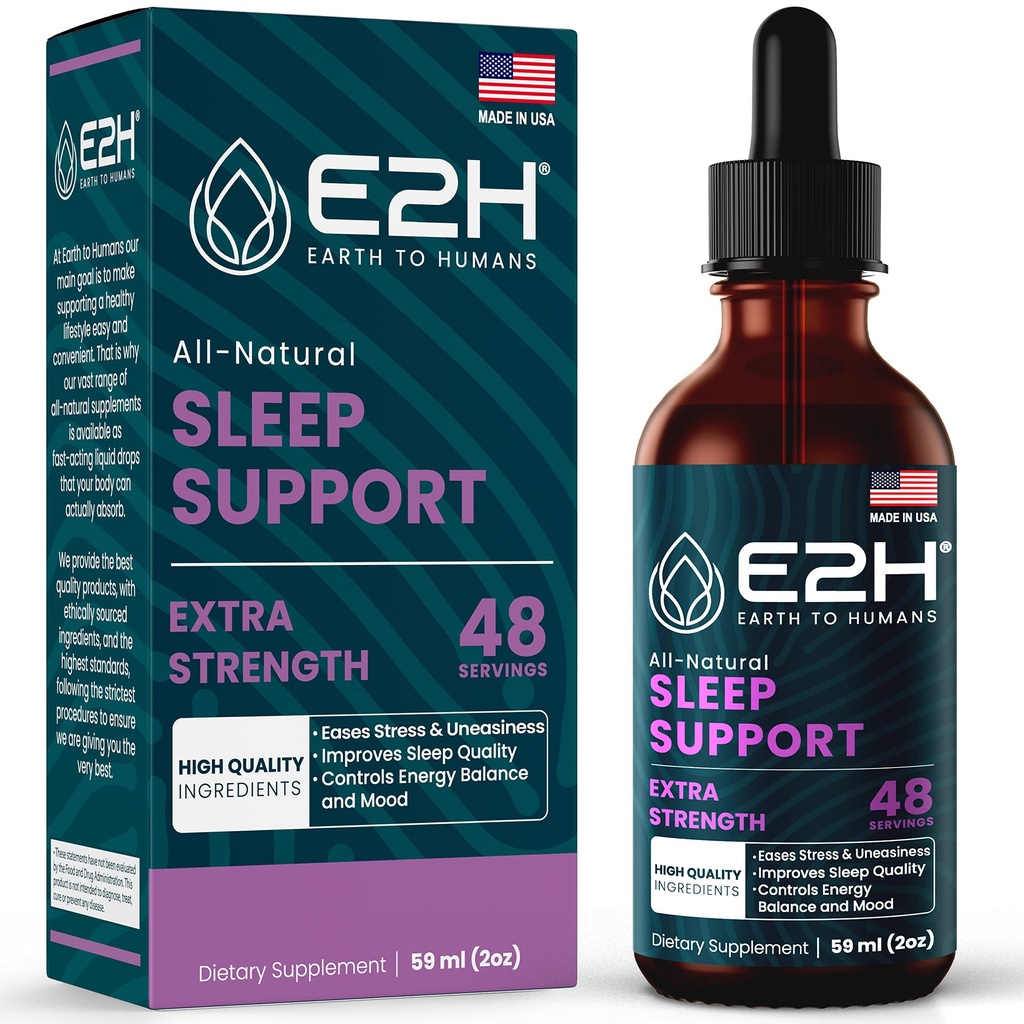 E2H Natural Sleep Support - Płynna melatonina z rumiankiem, Theanine - Sleep Better, Deeper, Dłuższy - Wegan, GMO- Free - Zapewnia Relief Stress - 2 Fl Oz