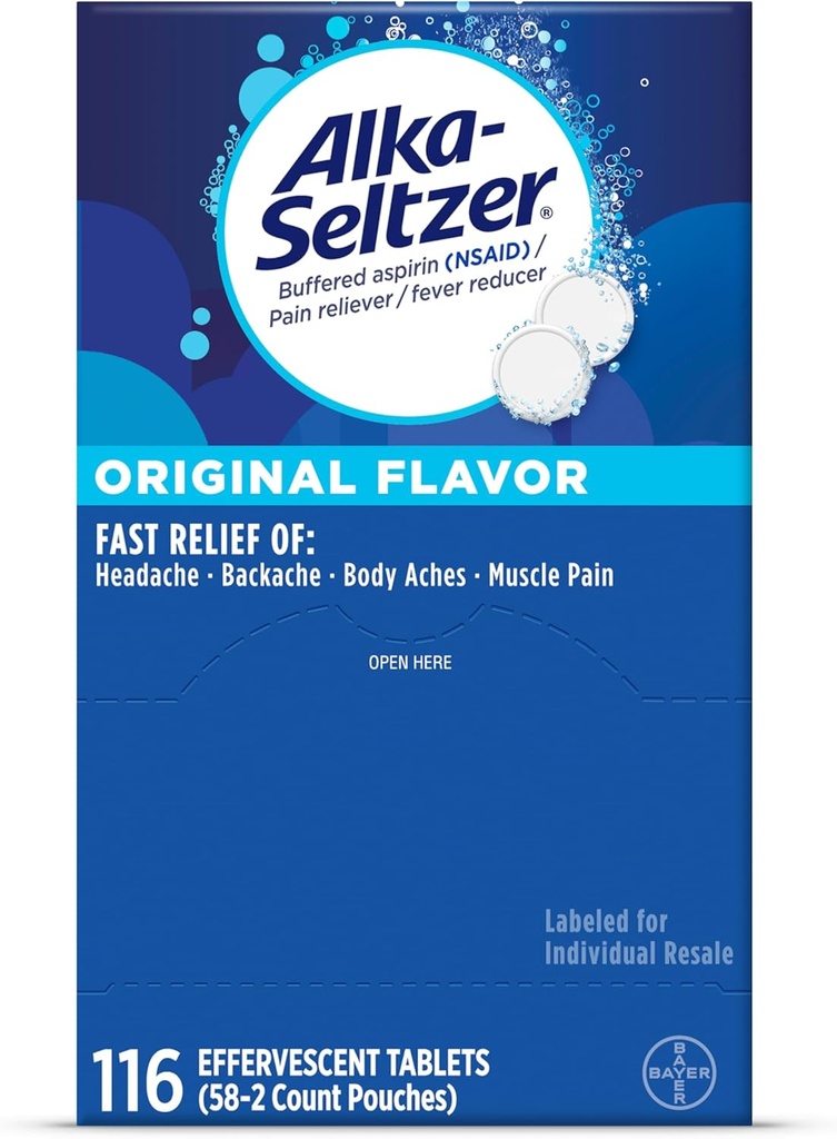 Alka- Seltzer Tablets Effervescent Oryginalny Flavor, Szybkie wieloobjawowa ulga od bólu głowy i ciała Ache, Rozpuszczalne tabletki Effervescent Fizzy, Pack Relief Dispenser, 116 Ct