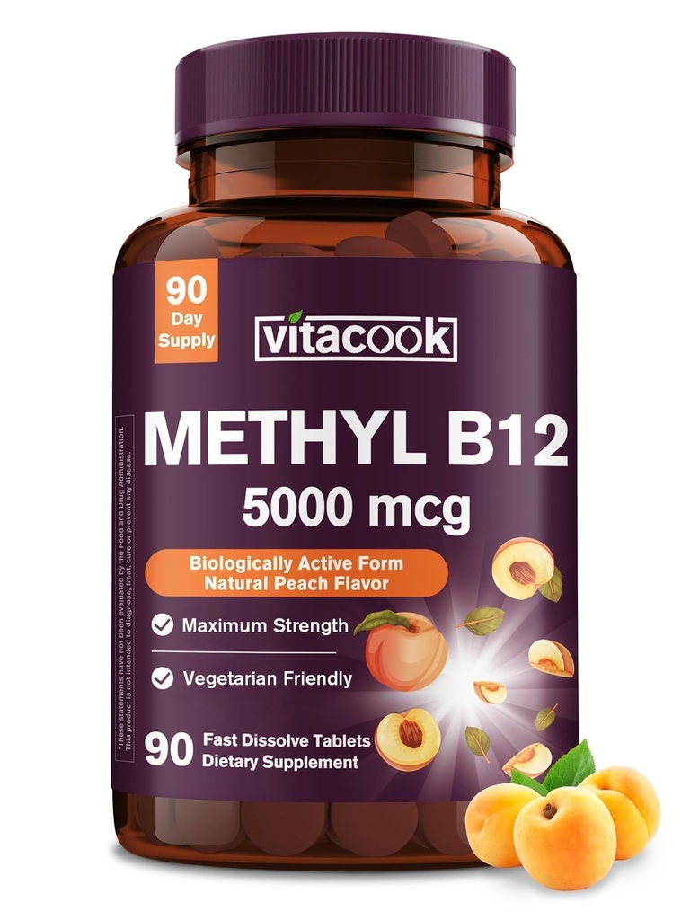 Witamina B12 Podjęzykowa, Metylokobalamina 5000mcg do produkcji energii, Energia, Nerwy i wsparcie komórkowe, Naturalny aromat brzoskwiniowy, Wegan, Cukier Zero, 90 Szybko rozpuszczalne tabletki
