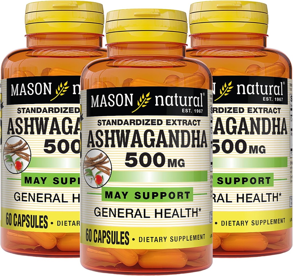 MASON NATURAL Ashwagandha 500 mg, Adaptogen for Stress & Energy Support, Suplement ziołowy, 180 Day Supply