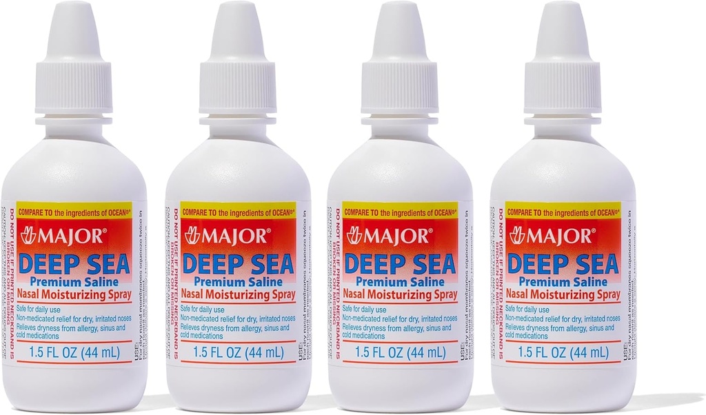 MAJOR Deep Sea Premium Saline - Nasal Moisturizing Spray for Dryness and Irritation Relief - Sodu chlorek 0,65% - 1,5 Fl. Oz (4 opakowania)